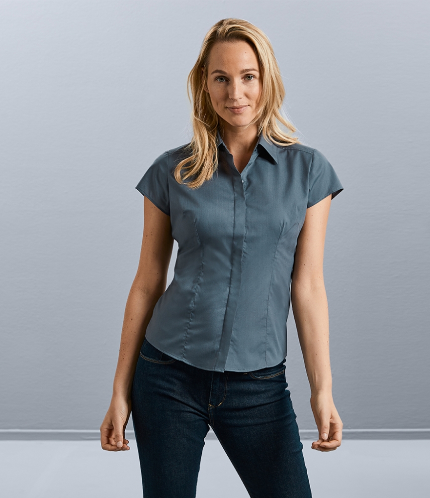 Russell Collection Ladies Cap Sleeve Fitted Poplin Shirt