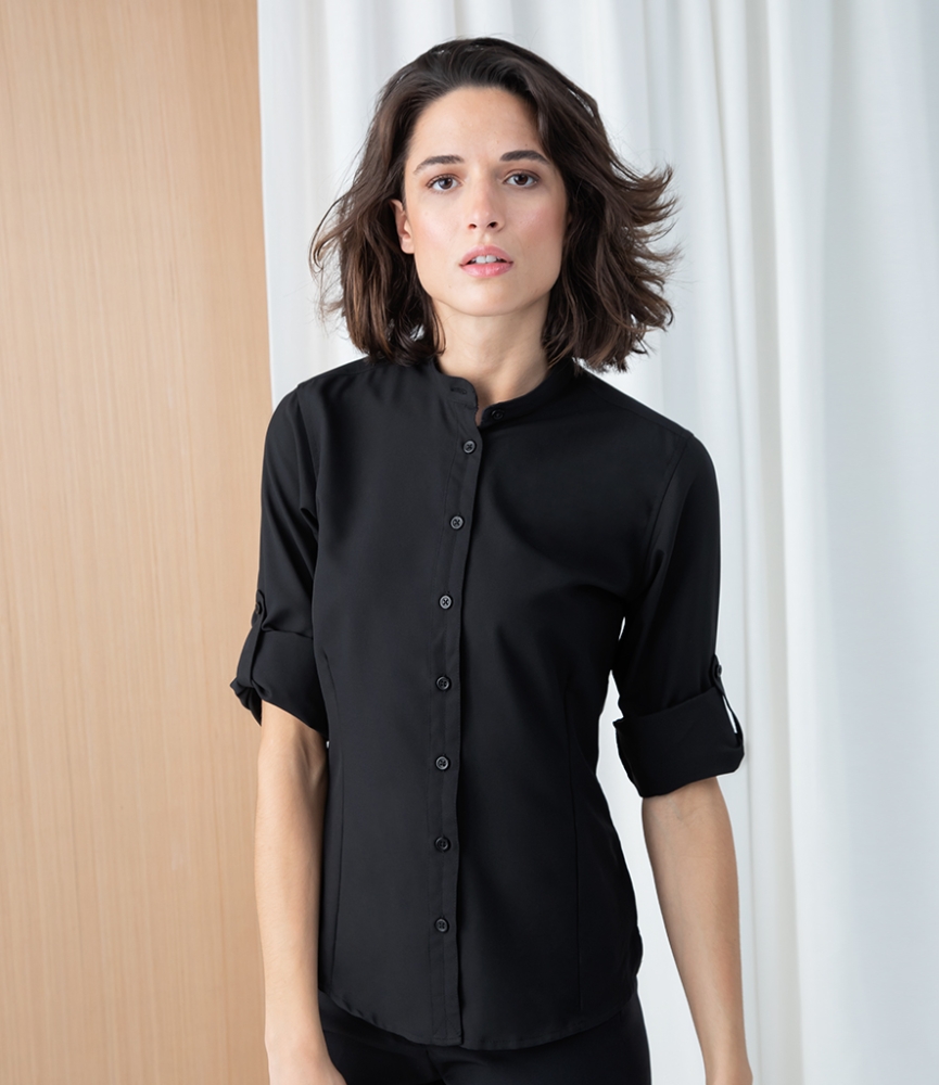 Henbury Ladies Mandarin Roll Sleeve Anti-Bac Wicking Shirt